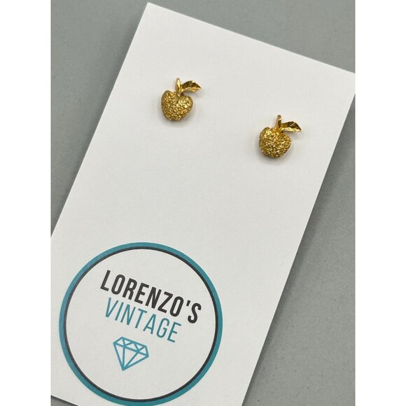 Vintage Gold Tone Apple Stud Earrings Pierced Textured Design Fruit Jewelry - Picture 2 of 7